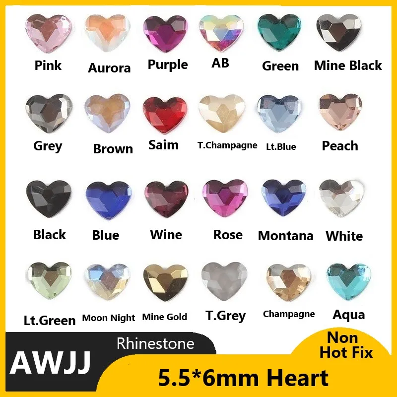 

100/500pcs 40Colors 5.5*6mm Heart Shape Boutique Flat bottom nail art rhinestones Glass crystal 3D nail decoration wholesale