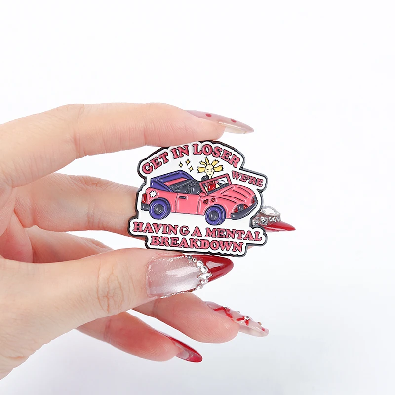 Cartoon Pink Car Get In Loser We're Going To Therapy Enamel Pin  We're Having A Mental Breakdown Brooch Lapel Badge Jewelry Pin