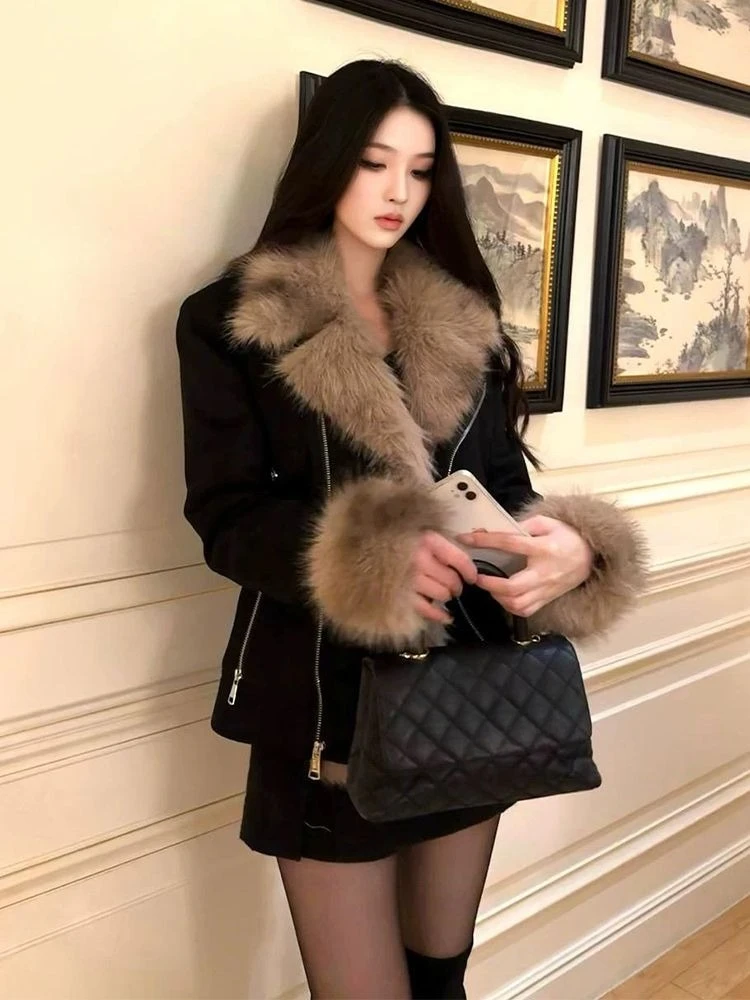 Black Fur One-piece Motorcycle Coat Women Autumn Winter New Cardigan Tops Japanese Y2k Vintage Loose Women's Jackets