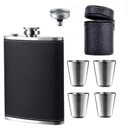 Pocket Flask 8oz for Liquor, Leather Covered 304 Stanless Steel Whisky Flask with Shot Glasses and Funel, Gift for Men & Women