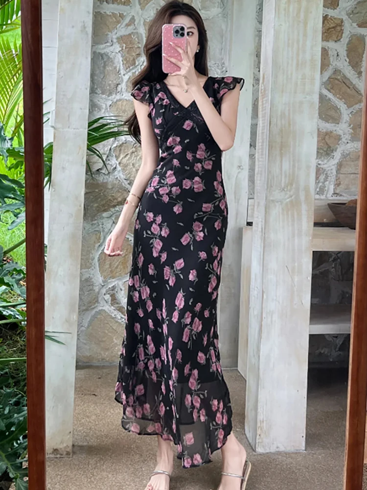 2025 สีดําชีฟองดอกไม้บินแขนเก๋ลูกไม้คอวีชุดผู้หญิงวินเทจB Odyconหรูหราชุดยาวฤดูร้อนชุดพรหมหรูหรา