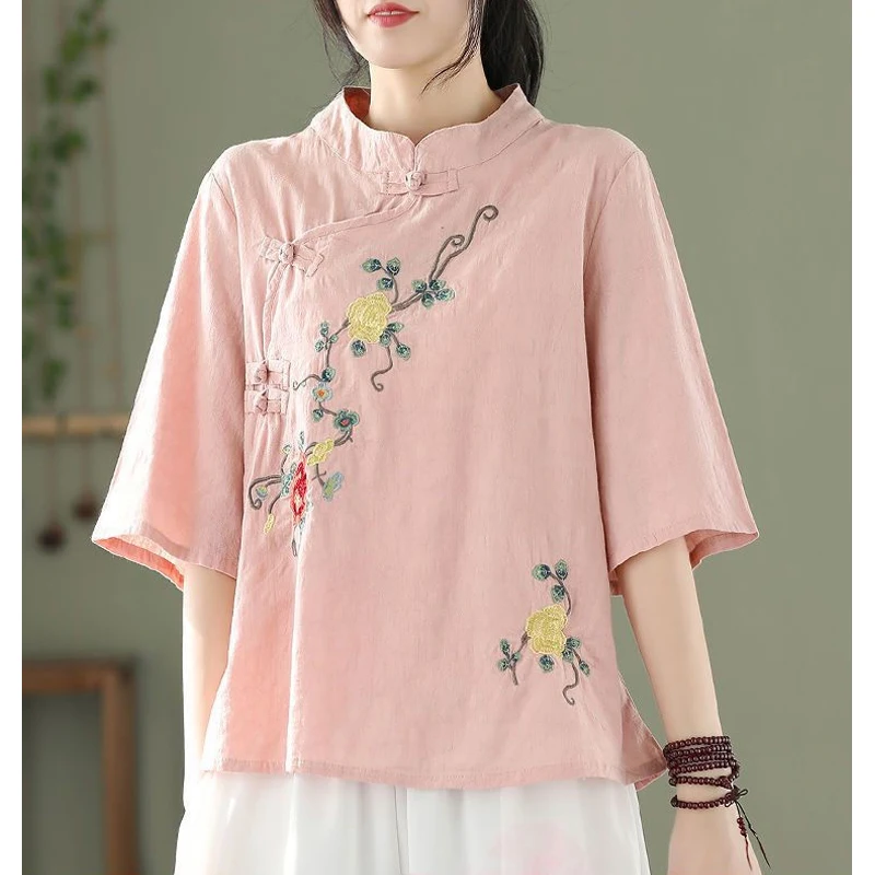 Women Chinese Ethnic Style Vintage Shirts Stand Collar Embroidery Cotton Linen Blouses Solid Half Sleeve Loose Tops Ropa Mujer