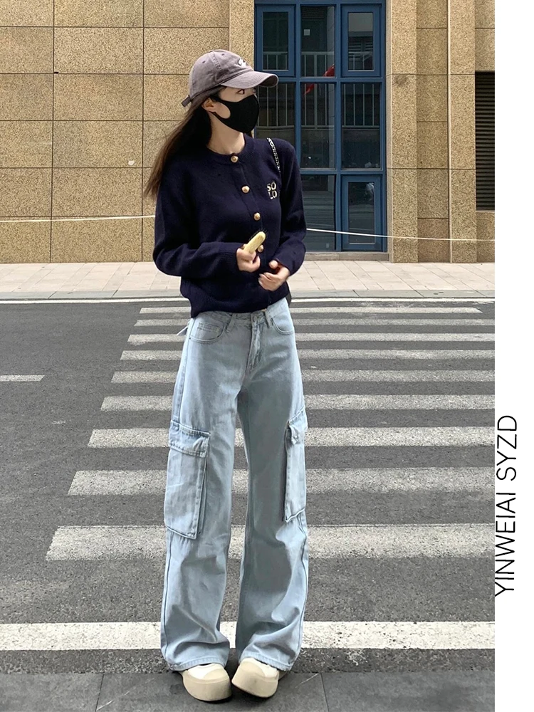 Pantaloni da lavoro in denim a gamba dritta estesa Jeans larghi a gamba larga autunno inverno da donna Vita alta con cerniera Fly Vintage Azzurro