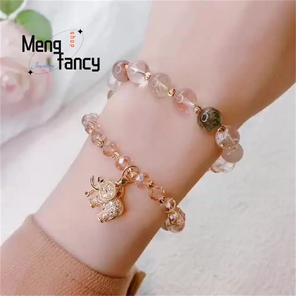 Natural Color Hair Crystal Bracelet New Exquisite Auspicious Elephant Pendant Double Circle Strings Strawberry Crystal Jewelry