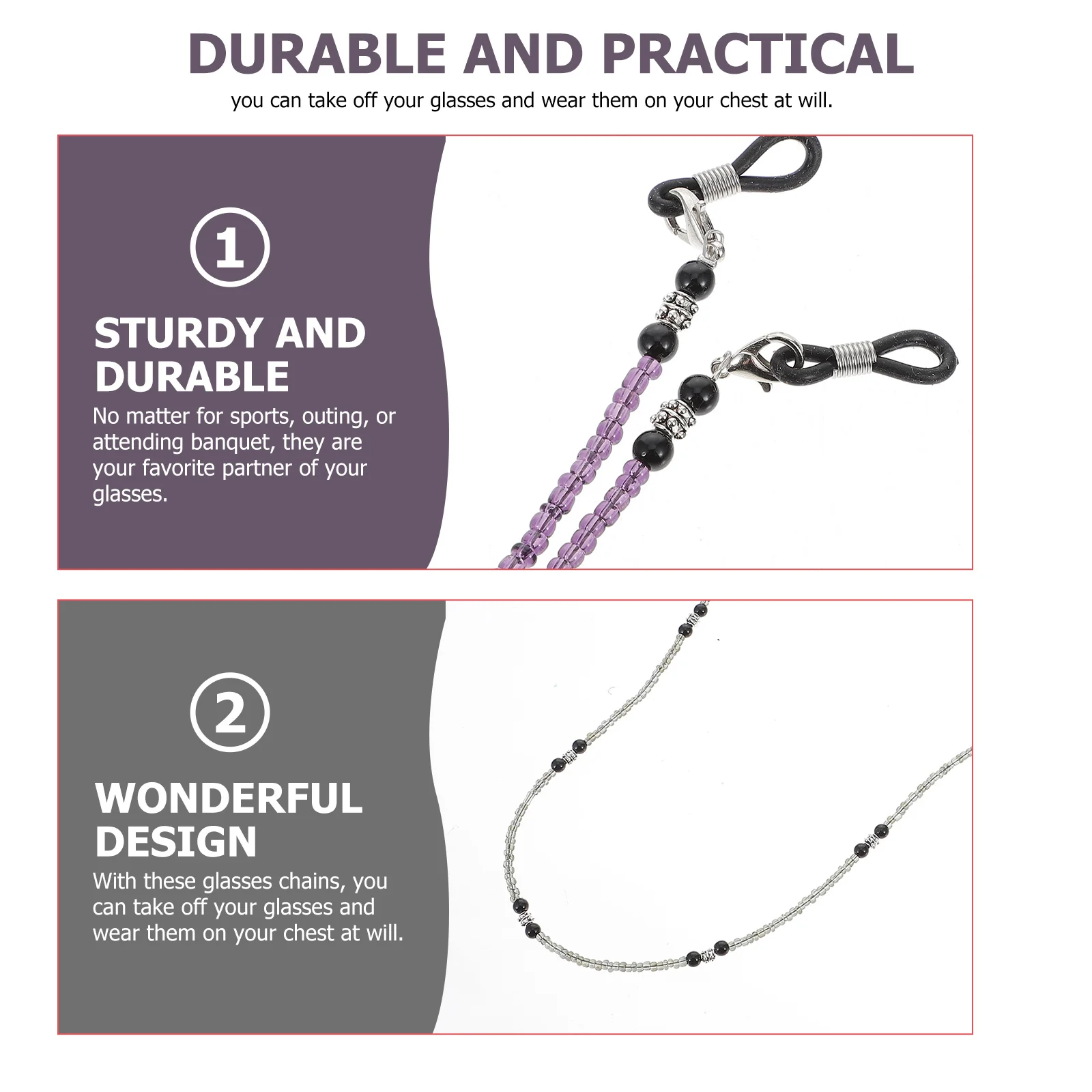 

2Pcs Acrylic Beaded Glasses Chains Eyeglass Holder Strap Decorative Fashion Accessory for Sports Banquet Daily Use