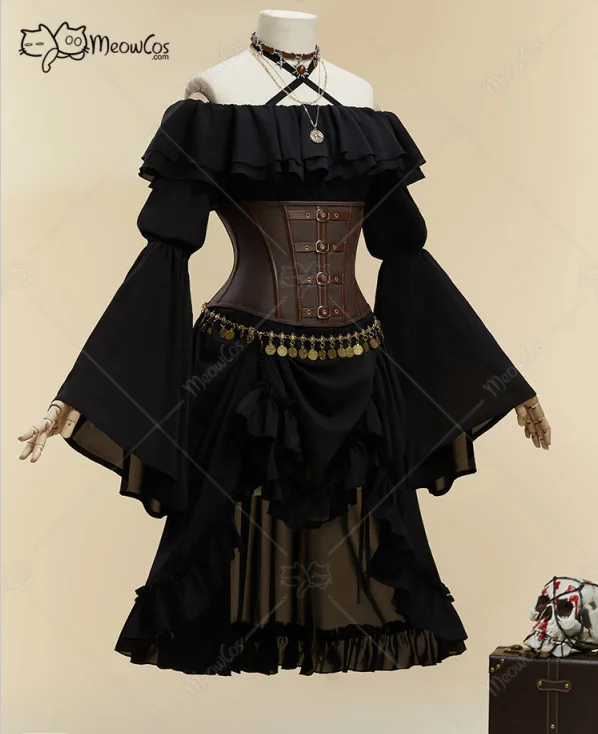 MOBBUNNY Women's Halloween Black Pirate Style Suit Strapless Dress with Corset and Hat Halloween Cosplay Costumes view 3