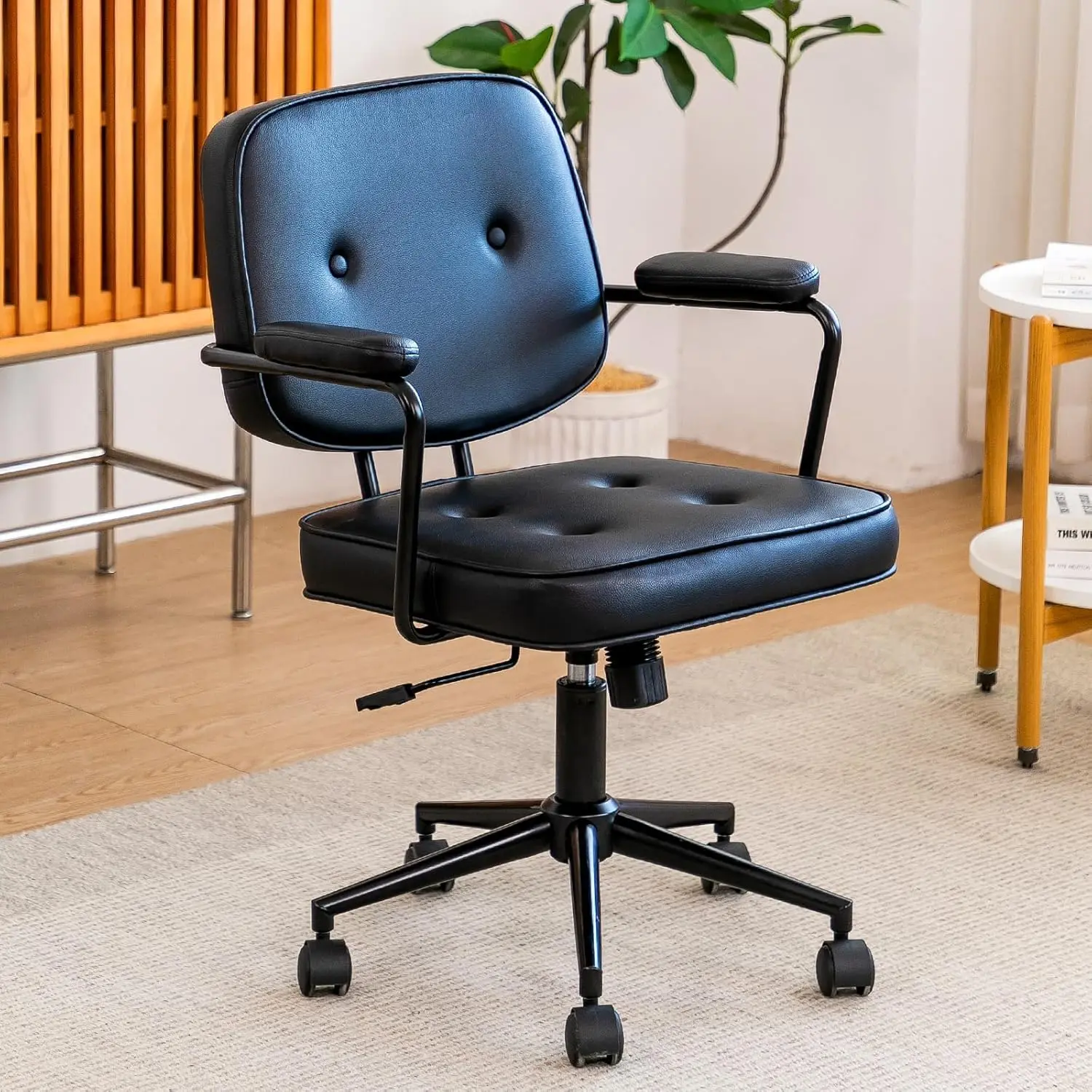 

Stylish Modern Black Leather Swivel Office Chair With Armrests Adjustable Height Wheels For Home Office Use Comfortable Seating