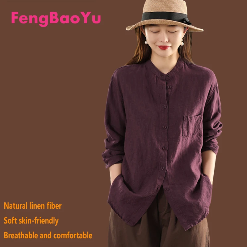 

100% Natural Pure Linen Women's Shirt, Purple Long-sleeved Stand-up Collar, Retro and Elegant Top, Comfortable Spring and Autumn