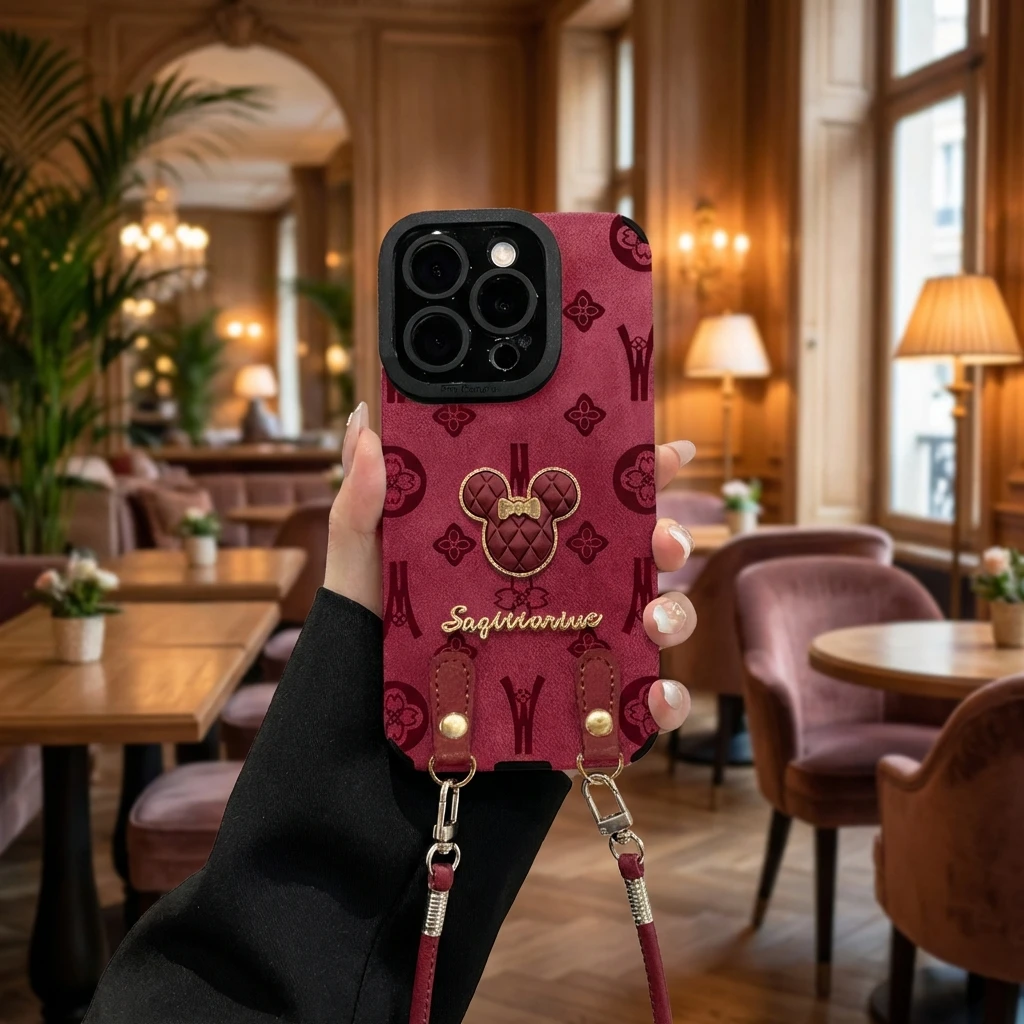 

Mickey Mouse Plush Doll Strap for iPhone 17 Pro Case iPhone 15 Max Silicone Sticker Leather 16 New Model Accessories
