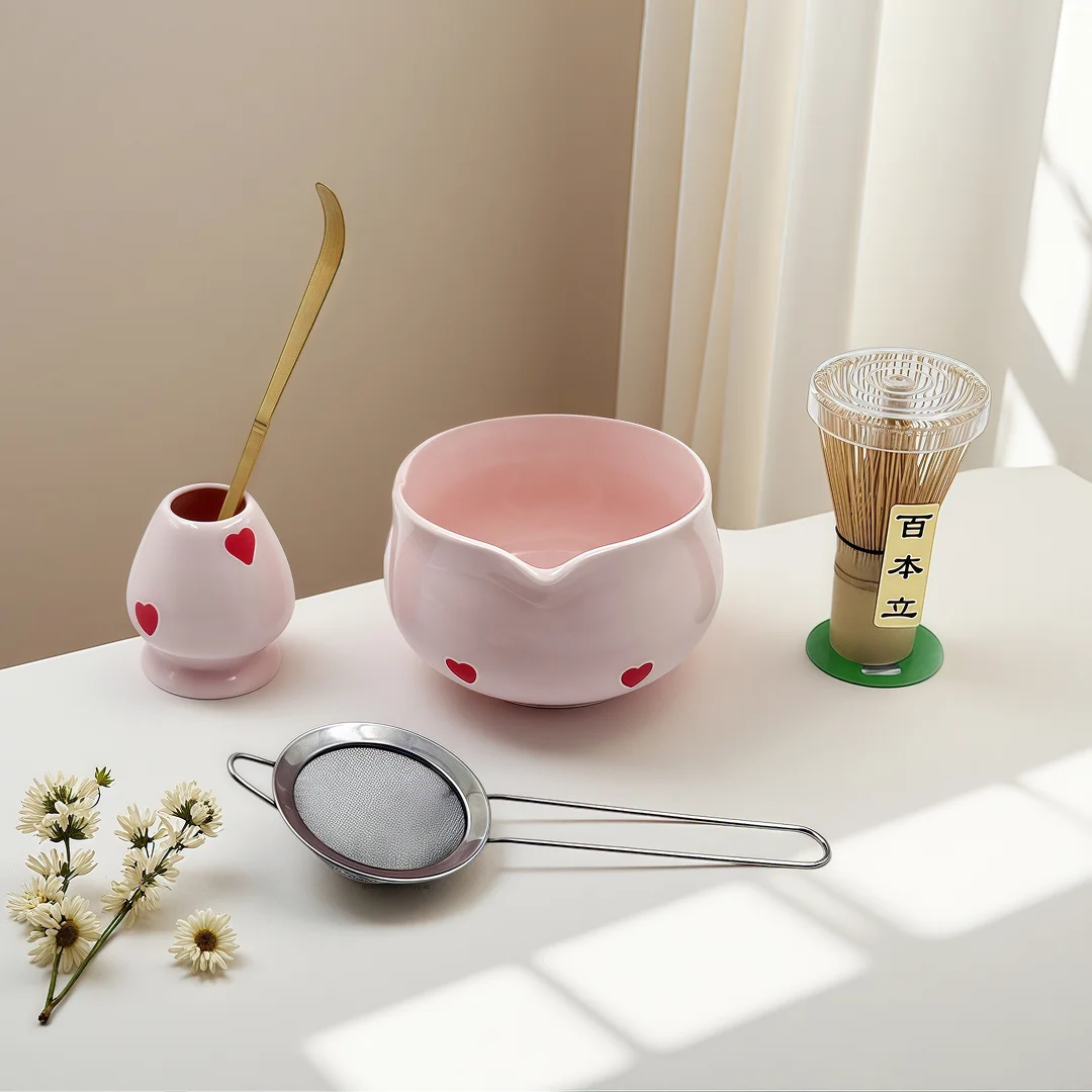 5/6pcs Pink Heart Decal Ceramic Matcha Set, Cute Matcha Set Includes Matcha Bowl,   Whisk and Holder, Bamboo Scoop, Sifter