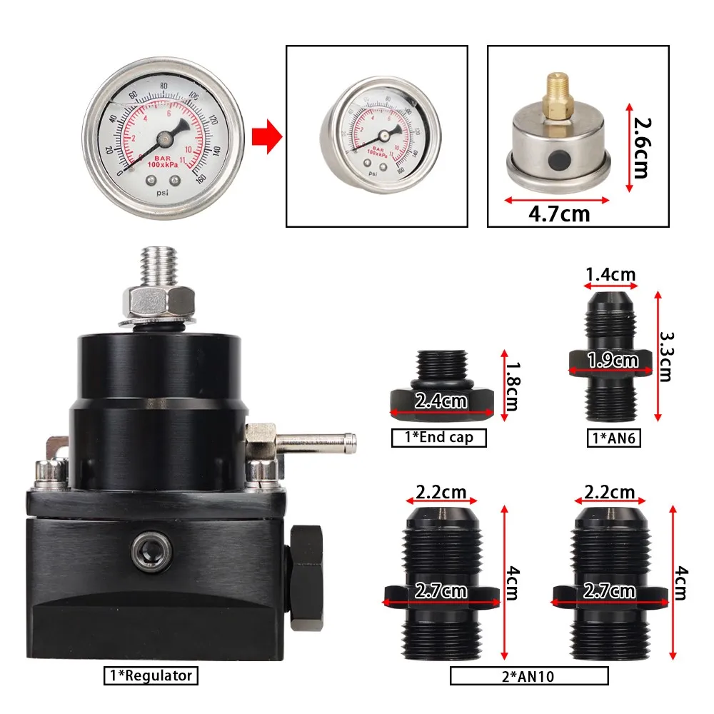 Black Fuel Pressure Regulator Adjustable with Oil Gauge With AN8/10 Feed Fitting & AN6 Return Line Fitting & AN8/10 End Cap