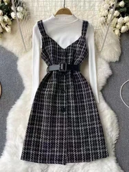 Women Elegant Harajuku Street Style Two-piece Dress Autumn Winter White Knitt Base Shirt Plaid Woolen Suspender Dress for Women