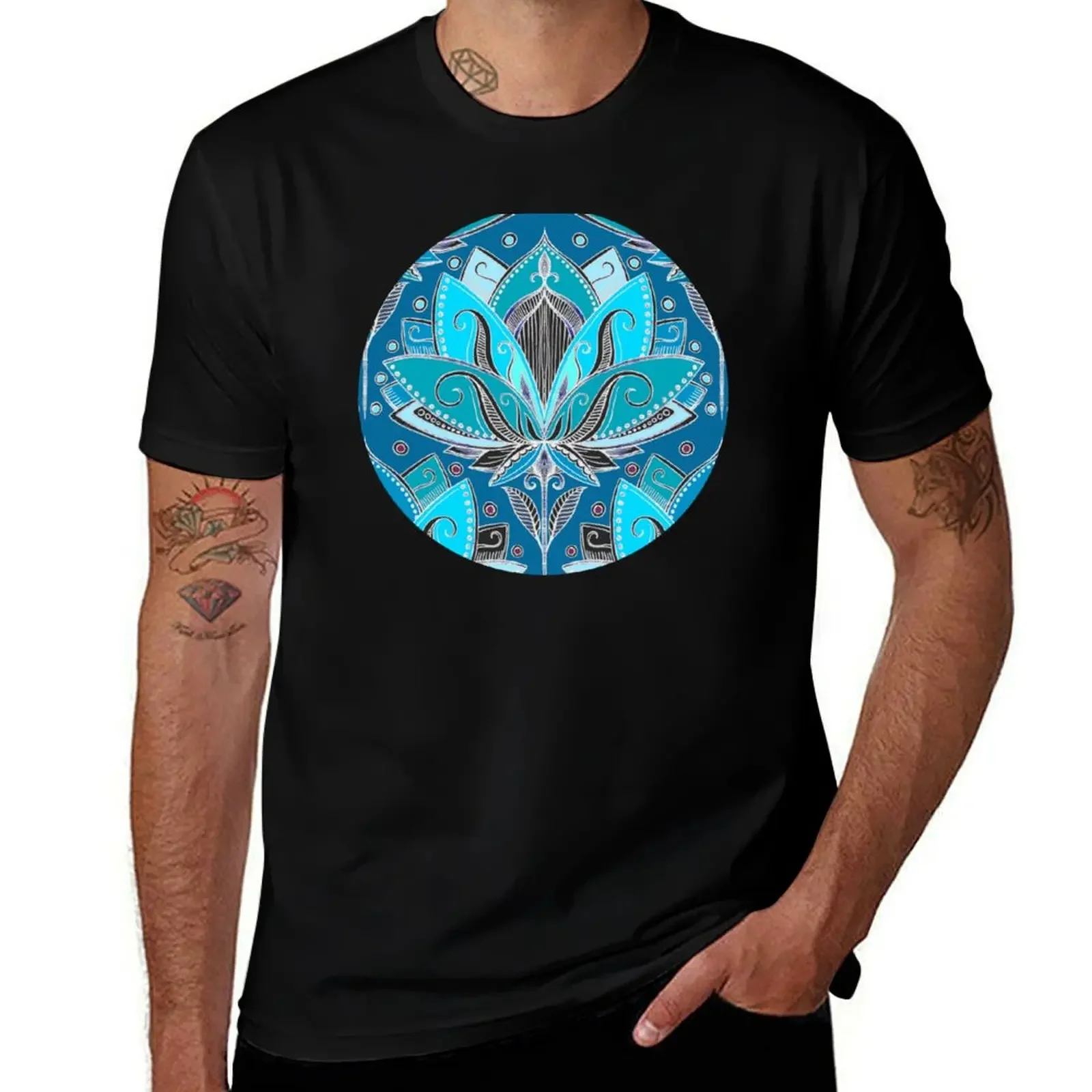 Art Deco Lotus Rising - black, teal & turquoise pattern T-Shirt plain vintage anime shirt mens t shirts