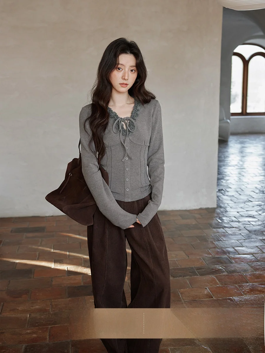 

Ele Lace Splice Long Sve V-Ne T-irt Winter Commute Sle High Waist Ladies Top ay Belted Casual Faion