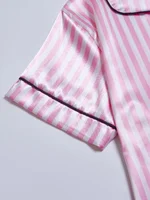 Striped Embroidered Letter Pocket Short Sleeve And Shorts Pajama Set Casual Satin Sleepwear Lapel Collar Classic Print - Image 4