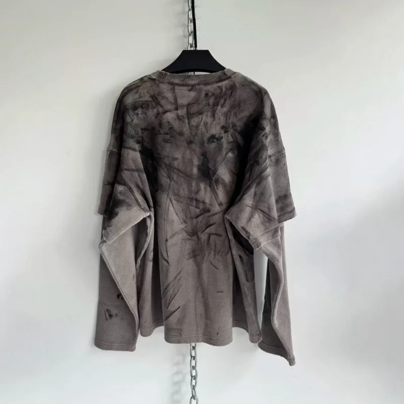 HKSH Spring Autumn New Men Tide Dark Punk American Waffle Faux Two-Piece Printed Long Sleeved Hoodie Chic Ins Sweatshirt HK24480