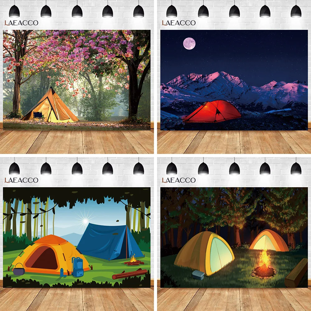 Camping Tent Campfire Backdrop Outdoor Night Starry Forest Picnic Background Decoration Kid Birthday Party Shoot Props Photocall