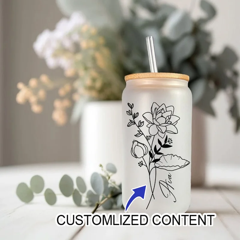 Personalized Birthday Flower Glass Frosted Cup, Customized Name Straw Cup, Multi-purpose Cold Drink Cup, Women's Birthday Gift.