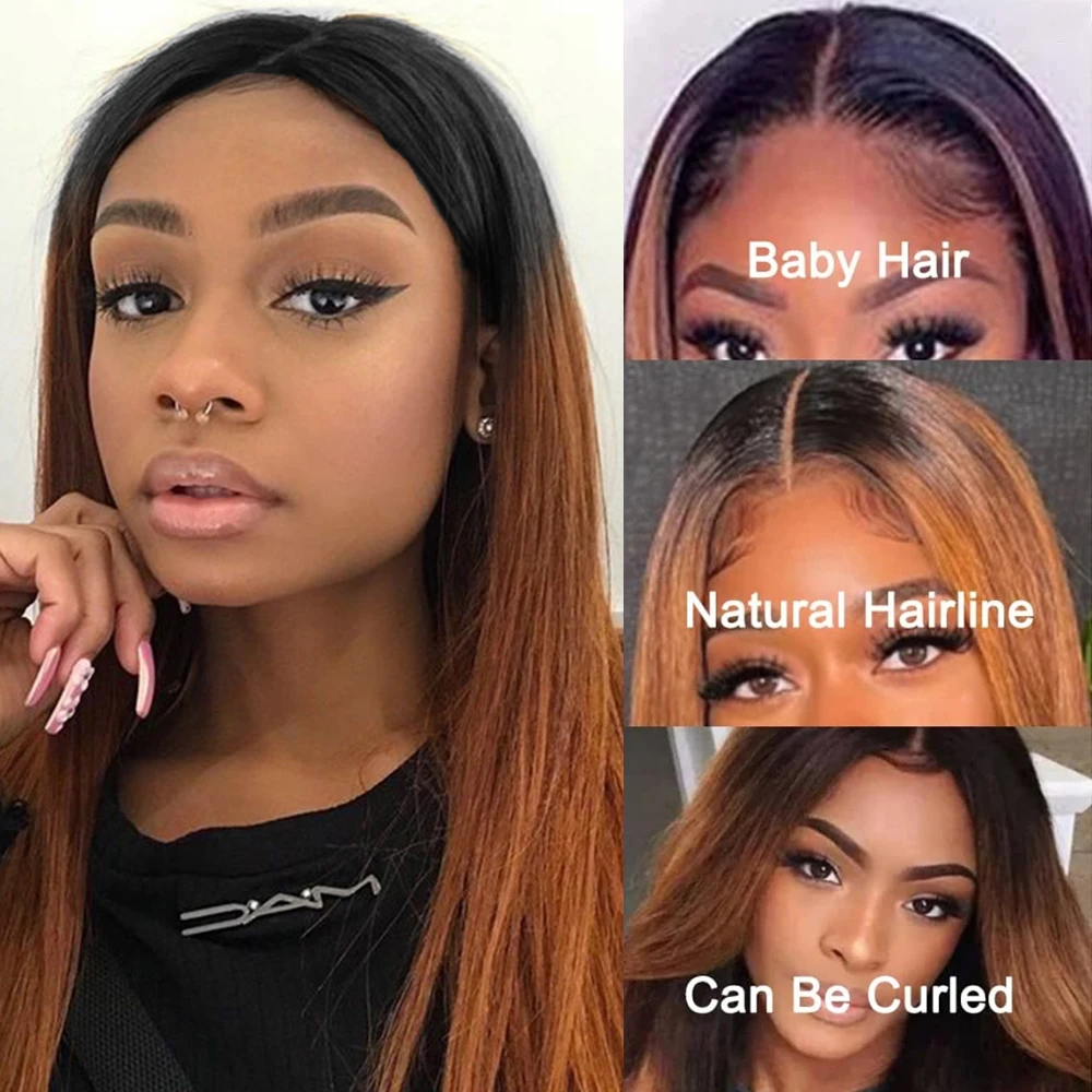 

32" Super Long Straight Synthetic T Part Lace Front Wig Ombre Brown Colored Classic Layered Soft Swiss Lace Hair Wigs for Women