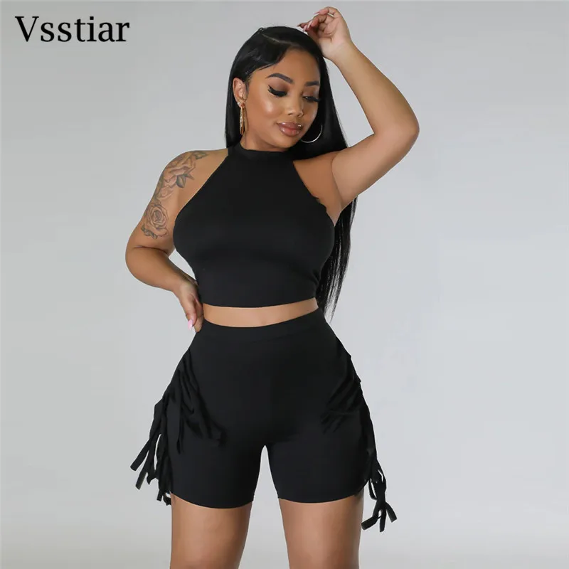 

Vsstiar Fashion Tassel Casual Women Clothing O Neck Sleeveless Tanks Top And High Waist Shorts Summer Elegant Two Piece Set