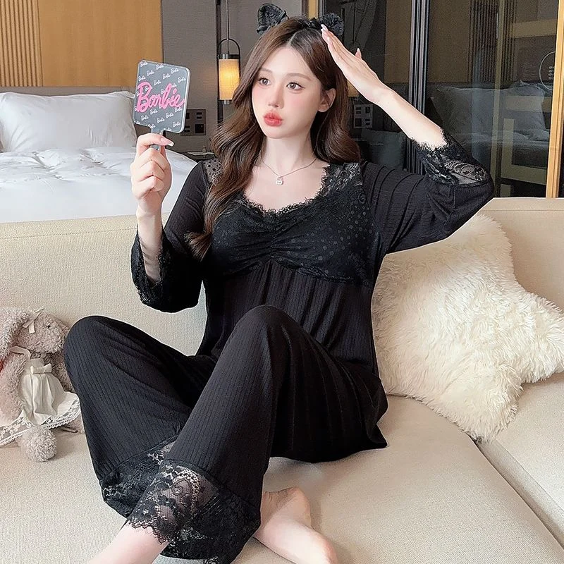 

New Autumn Long Sleeve Sexy Lace Lingerie V-neck Modal Pajama Sets for Women Sleepwear Pyjama Homewear Pijama Mujer Home Clothes