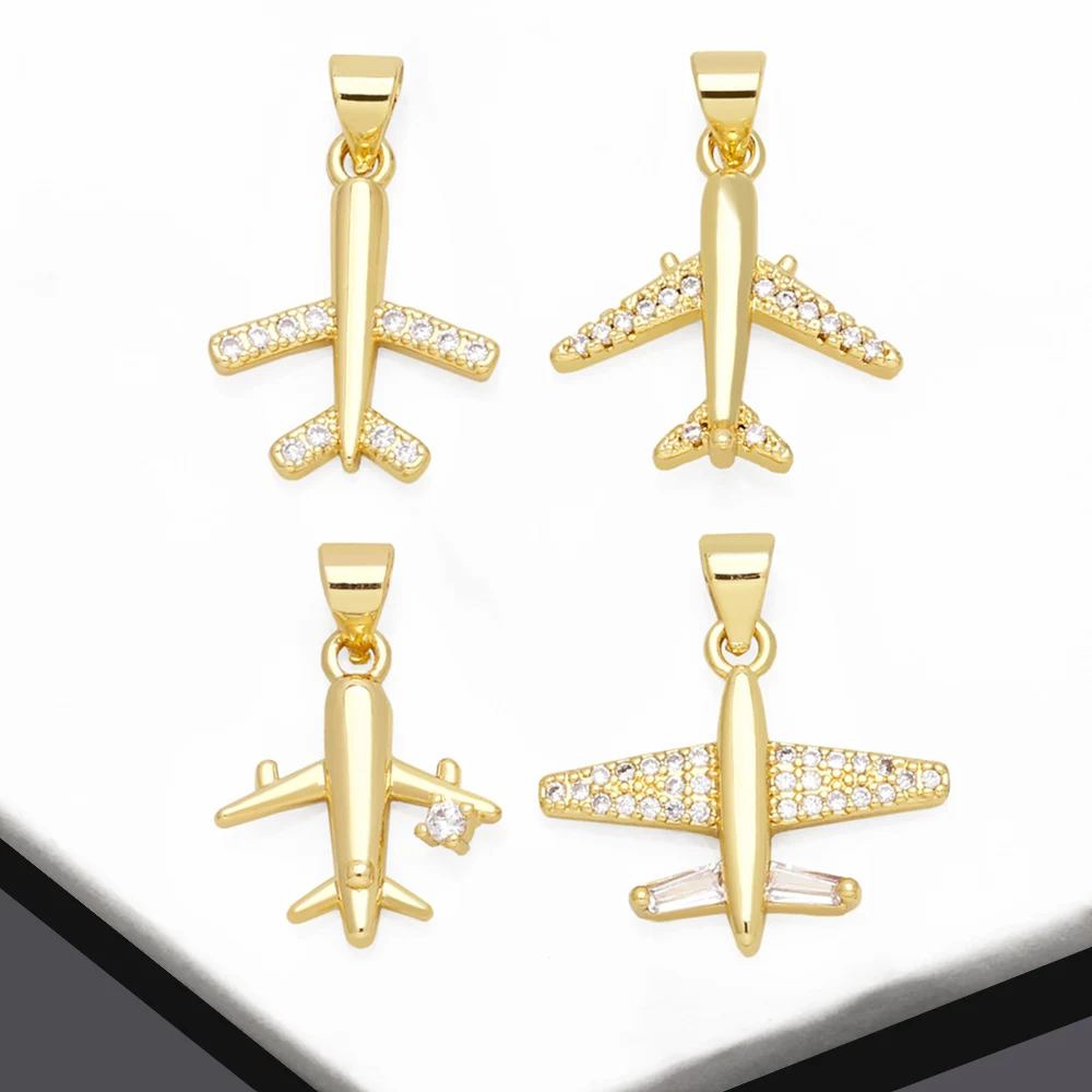 OCESRIO Trendy Brass Airplane Pendant for Necklace DIY Copper Gold Plated CZ Aircraft Jewelry Making Supplies wholesale pdtb183