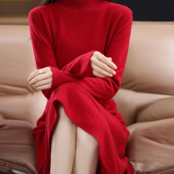 High-waist Dress 100% Pure Wool Pullover Half Length Round Neck 2024 Autumn and Winter A-line Solid Cashmere Sweater Woman LU487