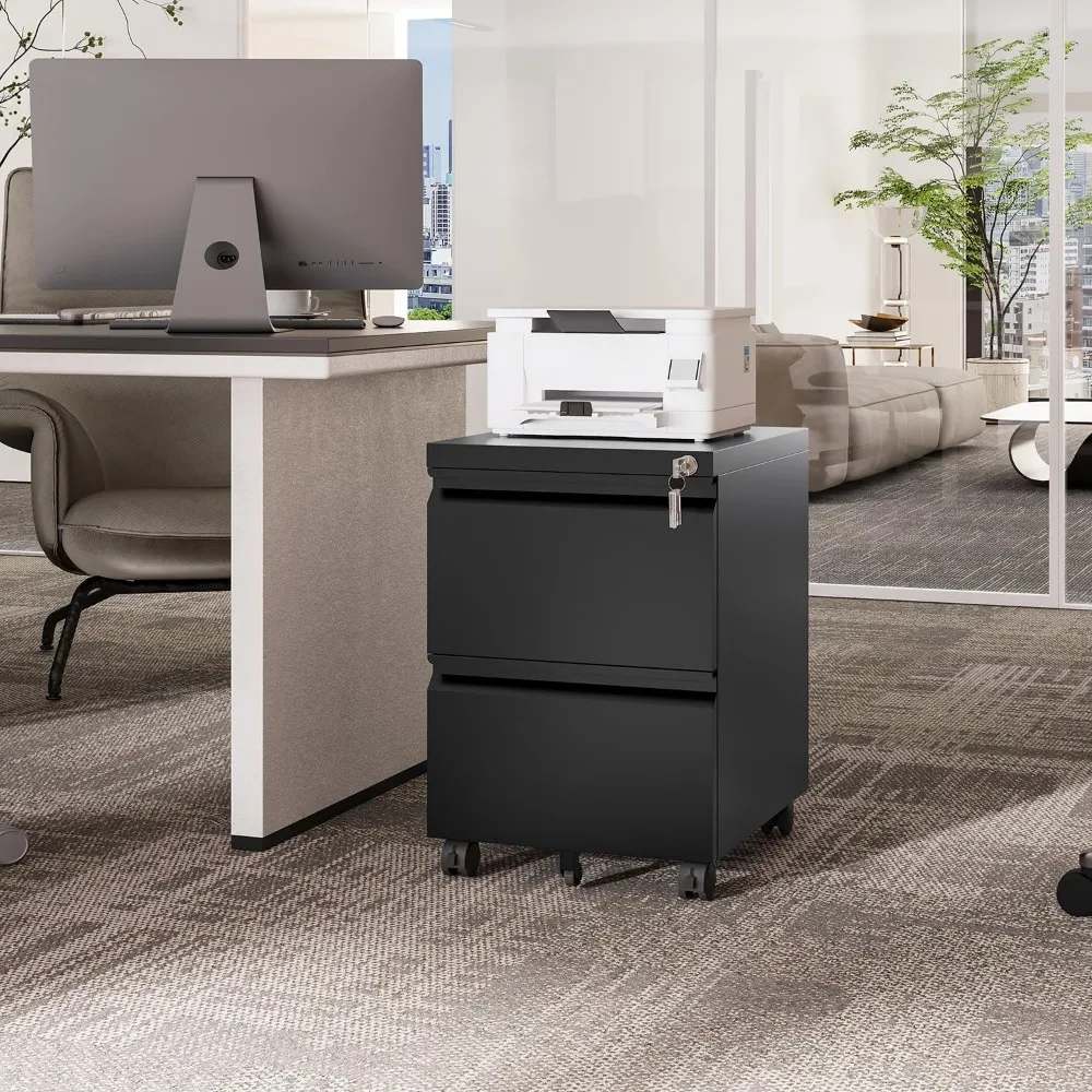 Small Lockable Mobile Under Desk Filing Cabinet - Black Vertical 2-Drawer File Storage for Home Office