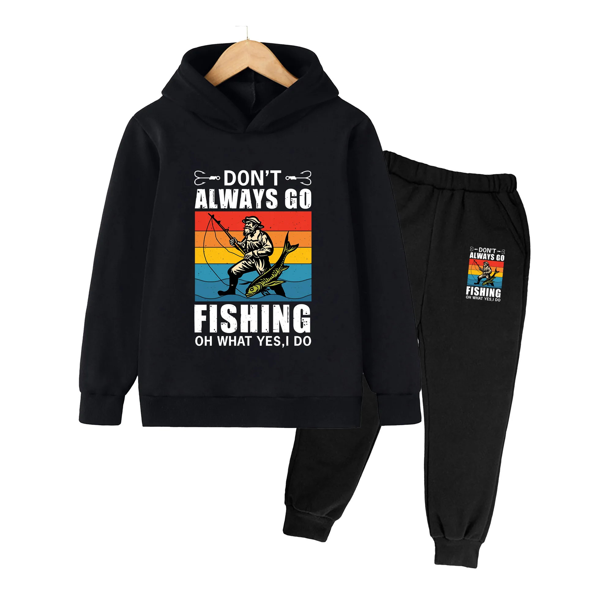 Kids' Hoodie & Sweatpants Set, Retro Fisherman Print Casual Outfit for Boys & Girls, Daily Wear