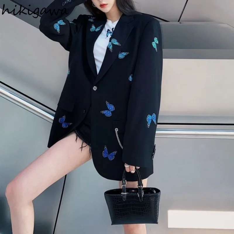 Streetwear Jackets Harajuku Fashion Black Blazer 2024 Ropa Mujer Oversized Tops Casual Chain Butterfly Embroidery Coat Women