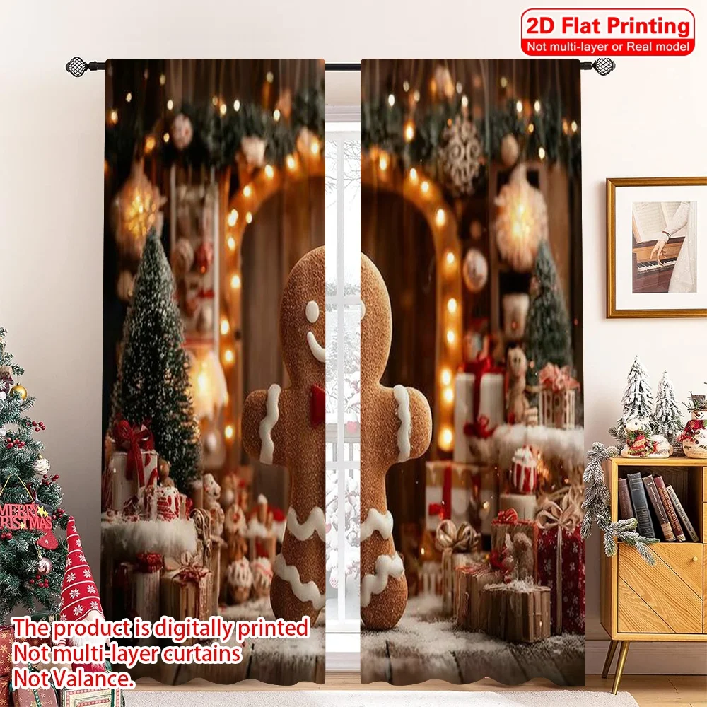 

2pcs 2D flat printing Merry Christmas Popular Window Drapes Christmas gingerbread man Polyester Without Electricity Festive