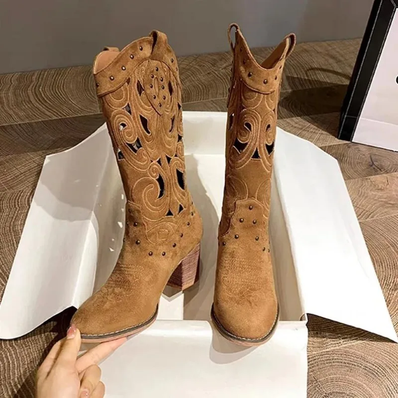 Design Hollow Embroidered Vintage Western Boots Women Autumn Chunky Heels Knee High Cowboy Boots Woman Pu Leather Knight Booties