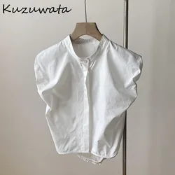 Kuzuwata Solid Stand Collar Sleeveless All-match Blusas Loose Soft Casual Vintage Blouses Japan New Elegnat French Style Shirt