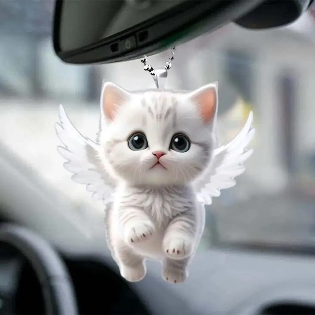 Angel Cat Car Pendant Rearview Mirror Ornament Car Decoration Cute White Kitten Pendant With Lanyard Interior Accessories