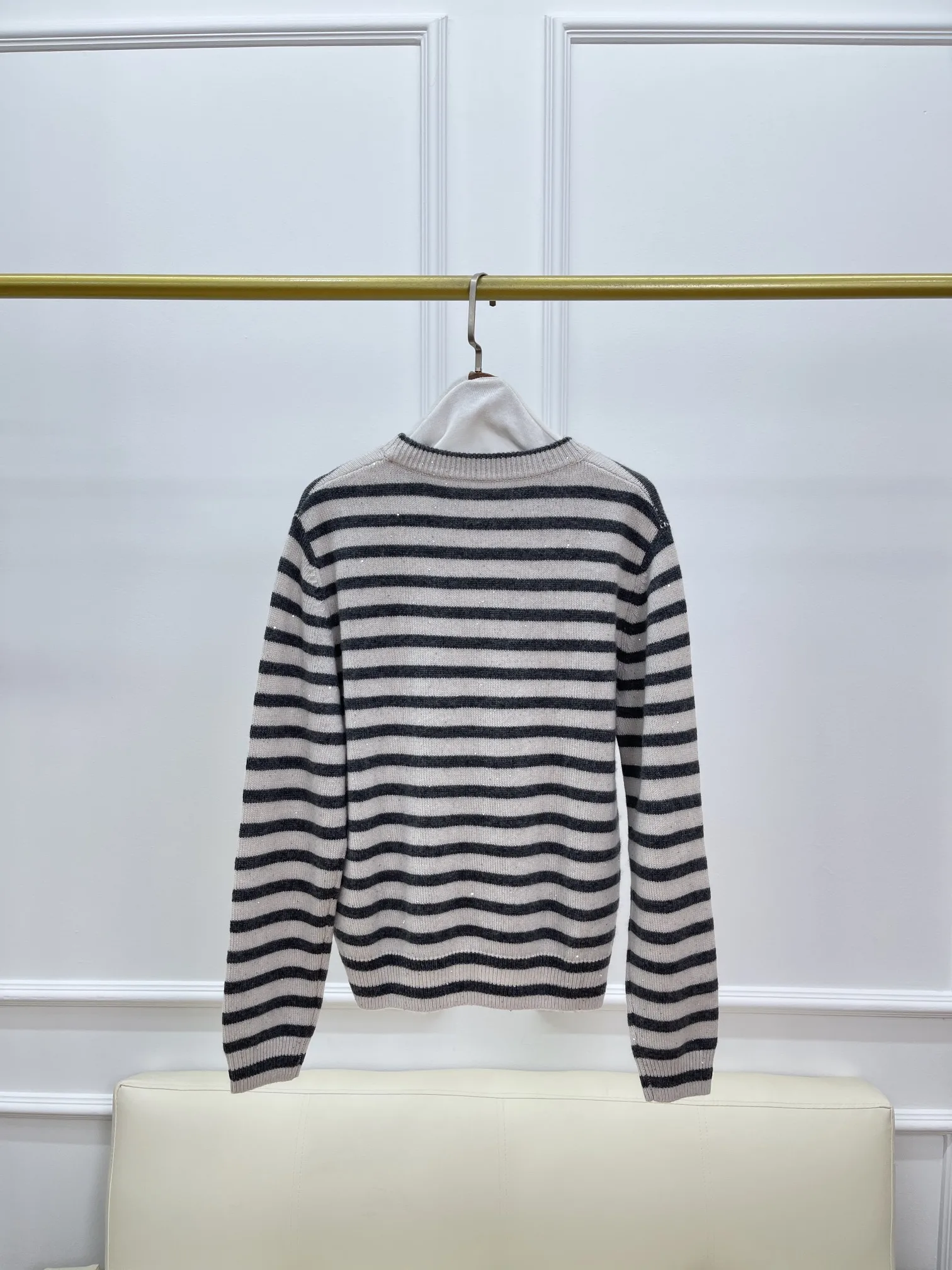 2024 Autumn New Women'S Fashion Striped Round Neck Cashmere Sweater Loose Versatile Sequin Sweater