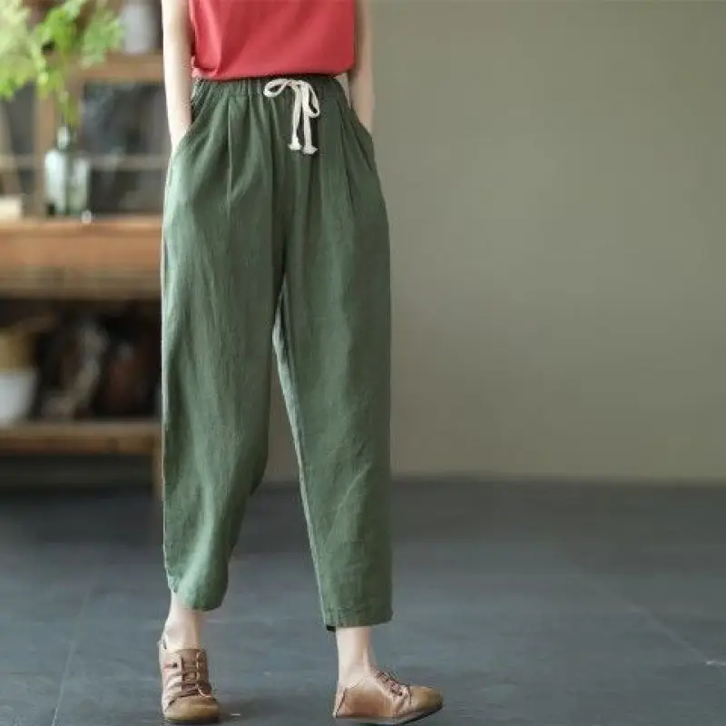 Women Summer Simplicity Loose Cotton and Linen Solid Color Waist Harem Ladies Large Size Casual All-match Trend Cropped Pants