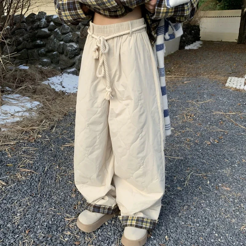 Y2K Vintage Plaid Wide Leg Pants Women Harajuku Korean Patchwork Quilted Baggy Pants Winter Streetwear Casual Straight Trousers