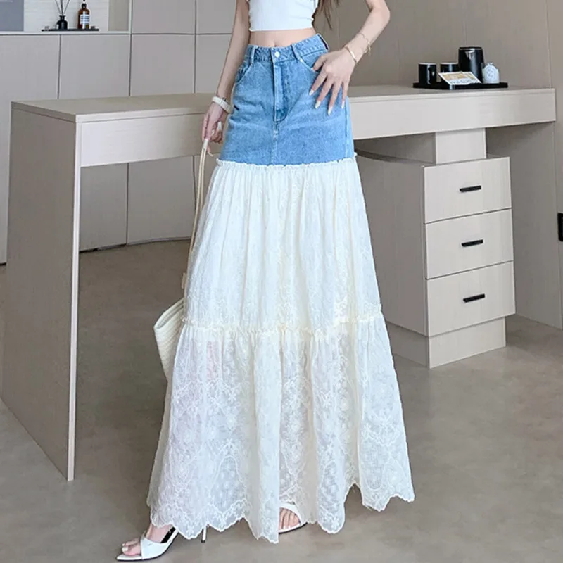 ANJY été nouvelles femmes douce jupe dentelle Patchwork Denim contraste couleur plissée élégant à la mode haute rue décontracté Y2K jupes A9695
