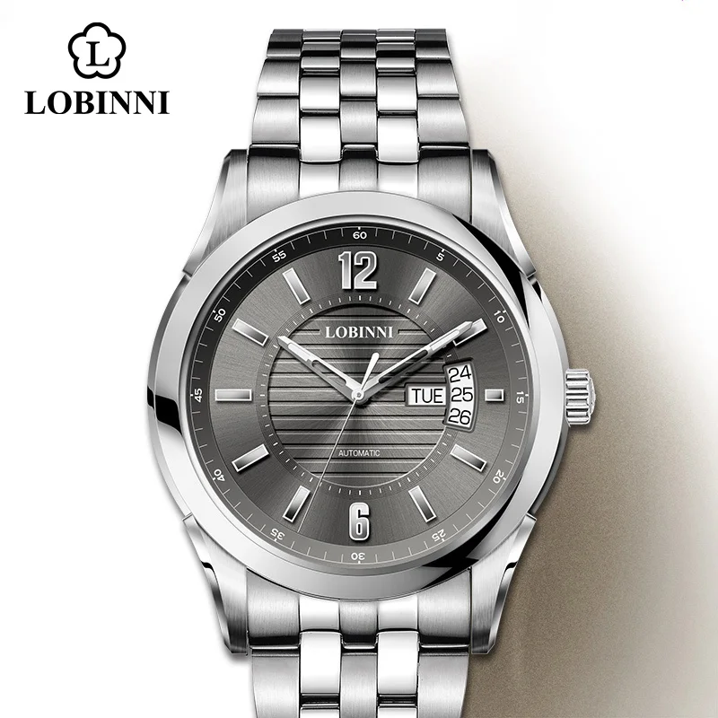 LOBINNI 5005 Men's Automatic Mechanical Watch Stainless Steel Sapphire Crystal Water-Resistant to 50M Luxury Date Day Display