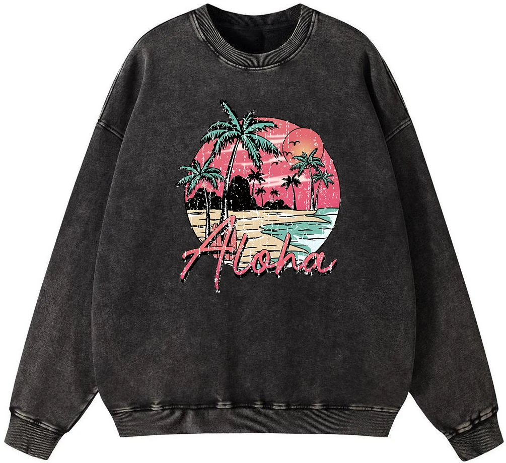 

Aloha Hawaii Beach Sunset Scenery Mens Vintage Washed Cotton Sweatshirt Vintage Oversize Pullover Oversize Warm Autumn Casual