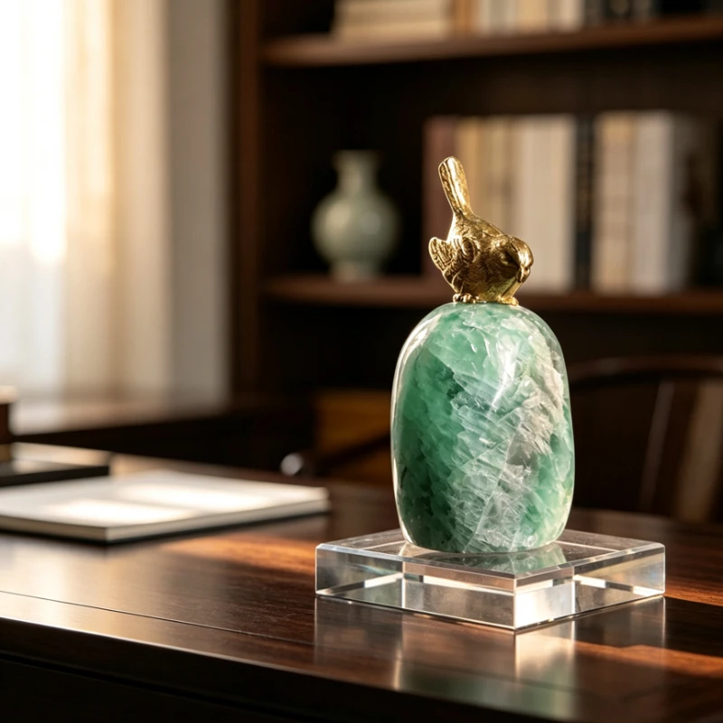 Natural Crystal Brass Bird Statue Desktop Ornament Fluorite Stone Art Decor for Living Room Bedroom Entryway Housewarming Gift