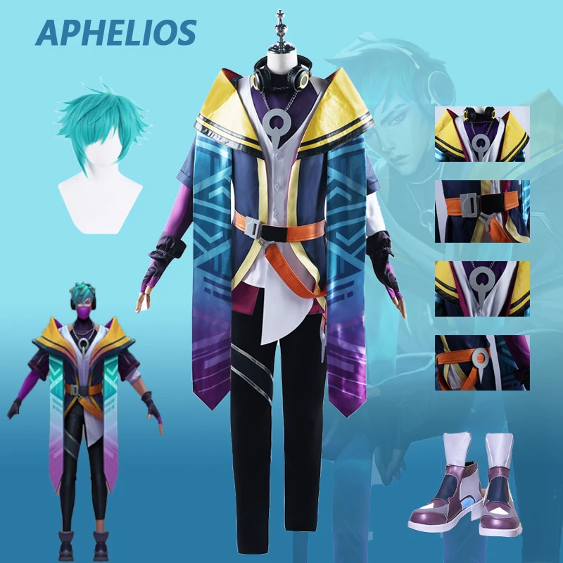 Trajes de Cosplay del equipo LoL Heartsteel Aphelios para hombres, trajes de Roleplay, peluca, zapatos, accesorios de uniforme de Halloween ruidosos