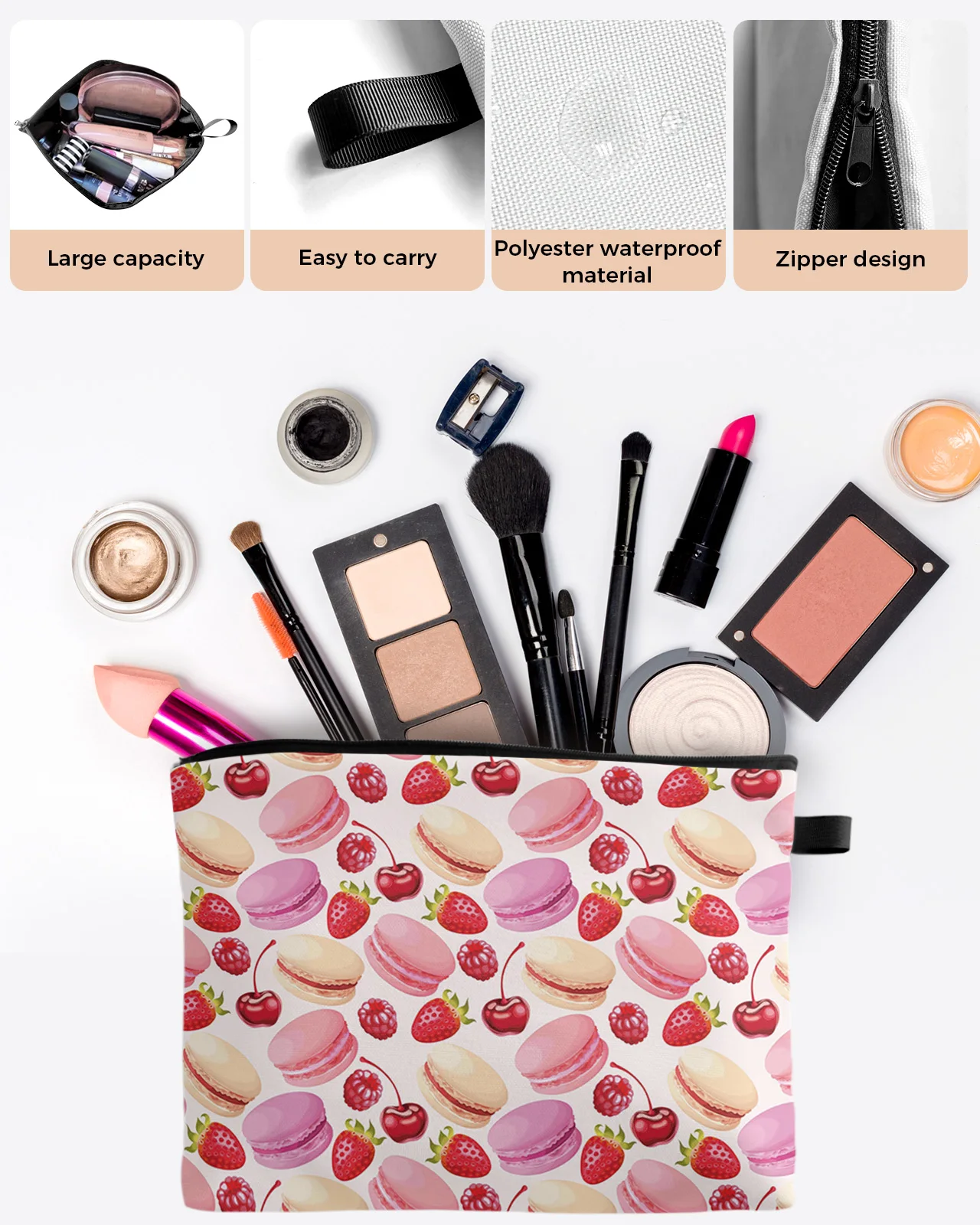 Macarons And Strawberries Makeup Bag Pouch Travel Essentials Lady Women Cosmetic Bags Toilet Organizer Kids Storage Pencil Case