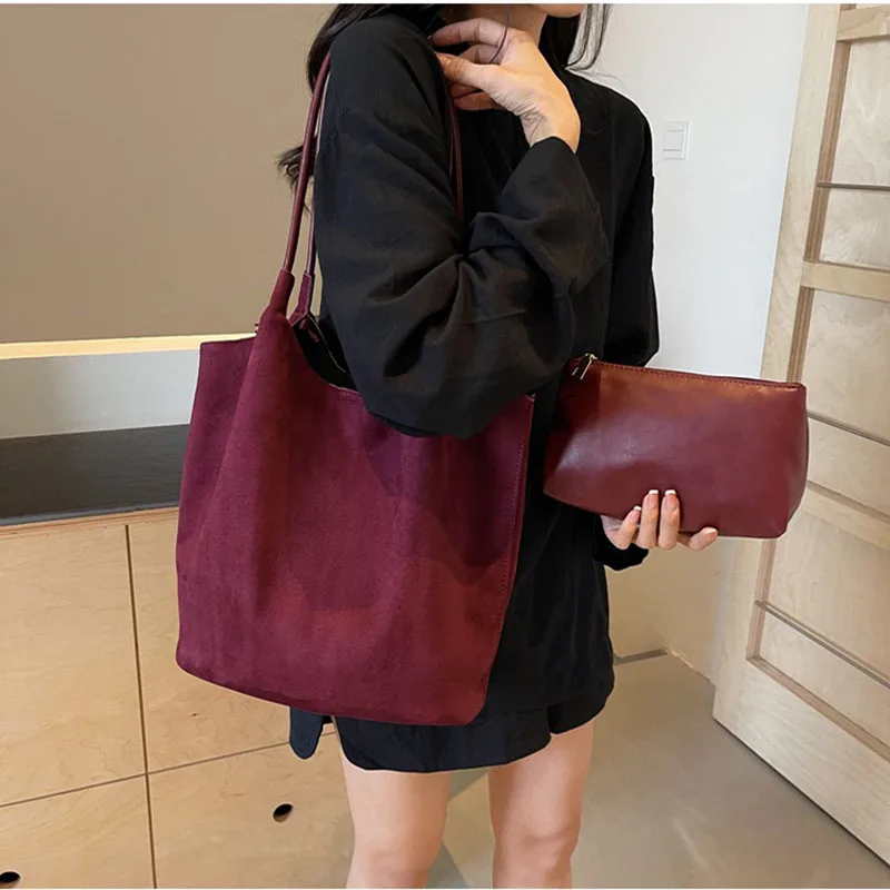 

Autumn Winter Vintage Women's Bag Large Capacity Suede Fashion Shoulder Bags Solid Casual Commuter Bags Magnetic Closure Handbag