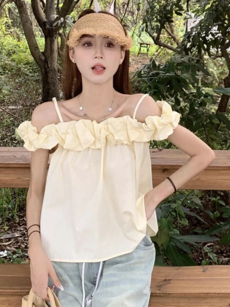 

2025 Slash Neck Blouse Women Summer Ruffles Solid Sleeveless Korean Style Fashion Tops Woman