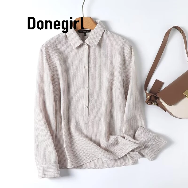 

Donegirl Women's New Fashion Casual Single Breasted Textured Striped Shirt Retro Lapel long Sleeved Female Blouse Chic Top Skazi