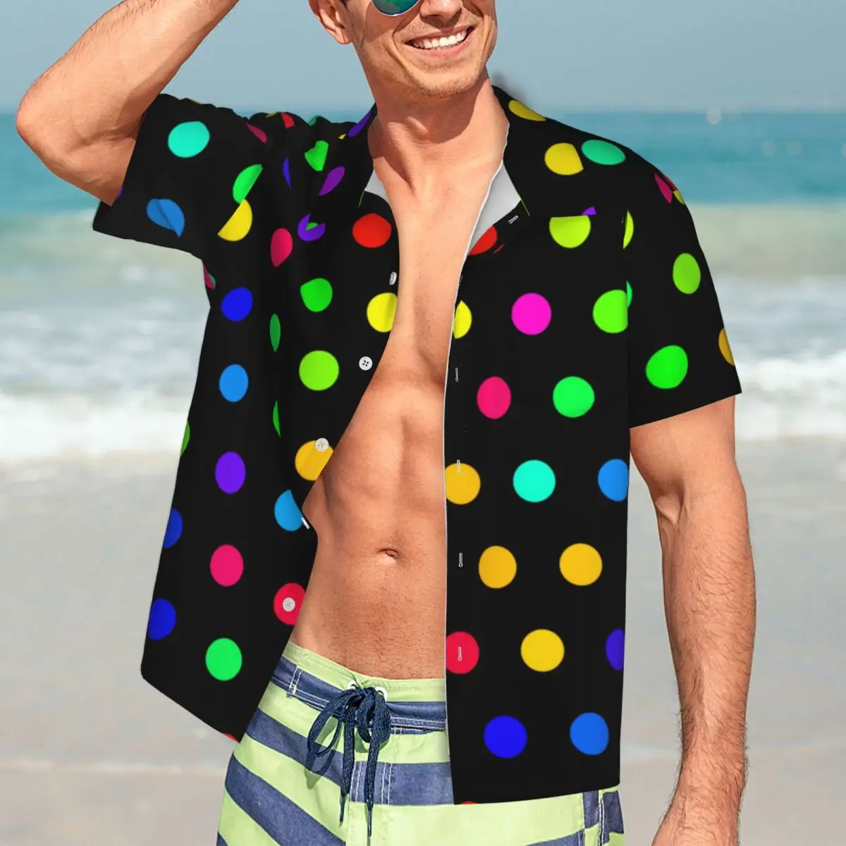 Rainbow Polka Dot Beach Shirt Colorful Polka Dots Modern Hawaii Casual Shirts Men Classic Blouses Short-Sleeve Graphic Clothing