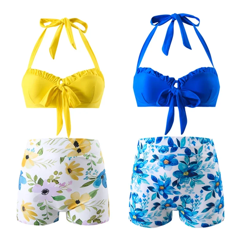 

Sexy High Waist Bikinis Women Floral Print Two-Piece Swimsuit Halterneck Swimwear Push Up Separate Bikini Set 2024 New