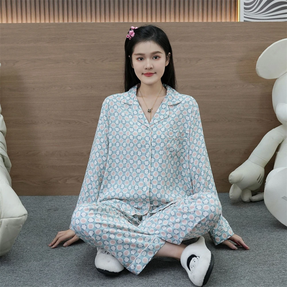 Women New Cardigan Long Sleeves Pants Pajamas Set Korean Casual Printed Homewear 2-piece Ladies Simple Breathable Sleepwear Suit