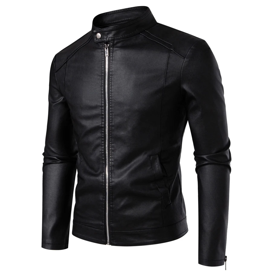 

Men's stand-up collar PU leather jacket, spring and autumn jacket, cool motorcycle suit, fashionable slim-fitting coat
